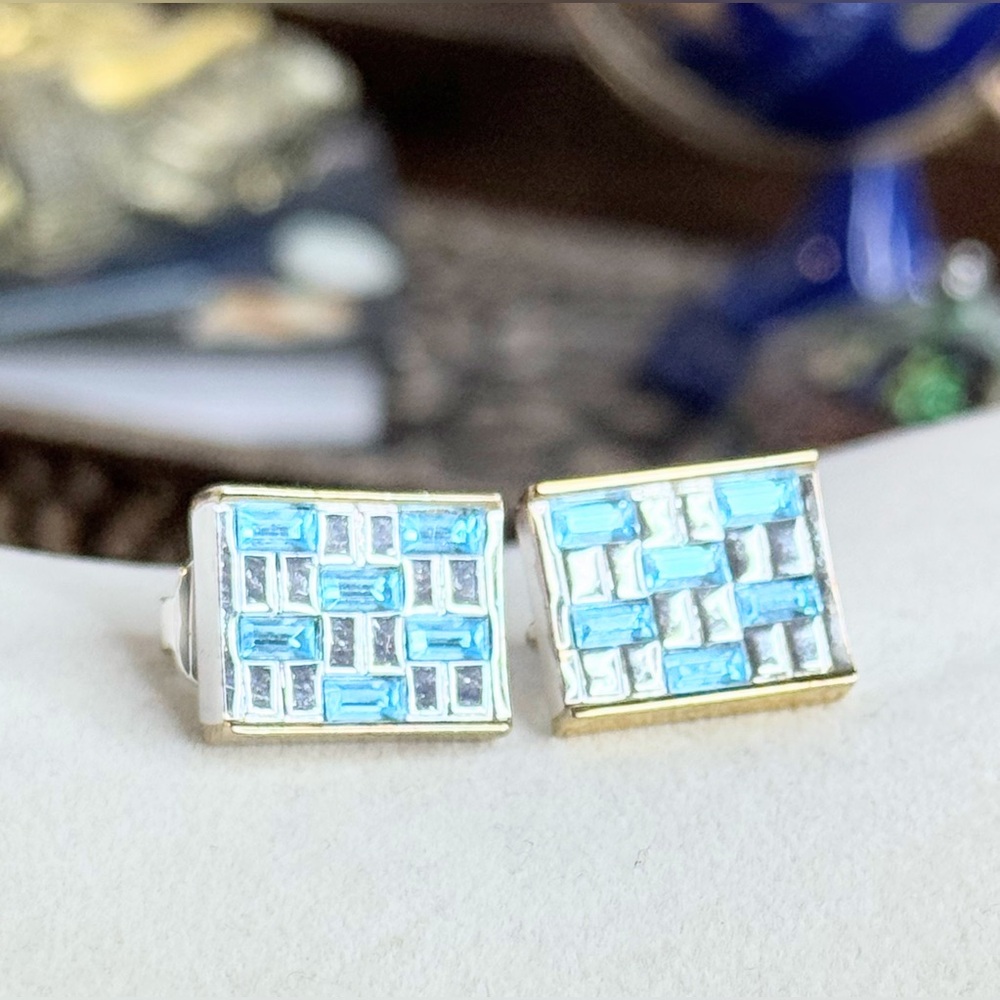 Givenchy Clip On Earrings Blue Crystal Checkerboard Signed Vintage Designer - Picture 2 of 10